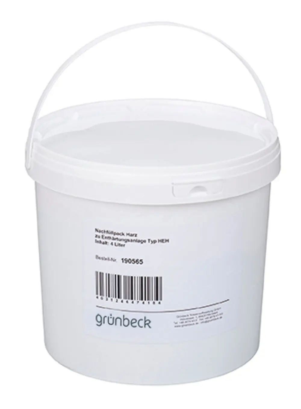 Weißer Eimer mit Henkel und Etikett, beschriftet mit Artikelinformationen, einschließlich Barcode und Marke Grünbeck, Inhalt 4 Liter.